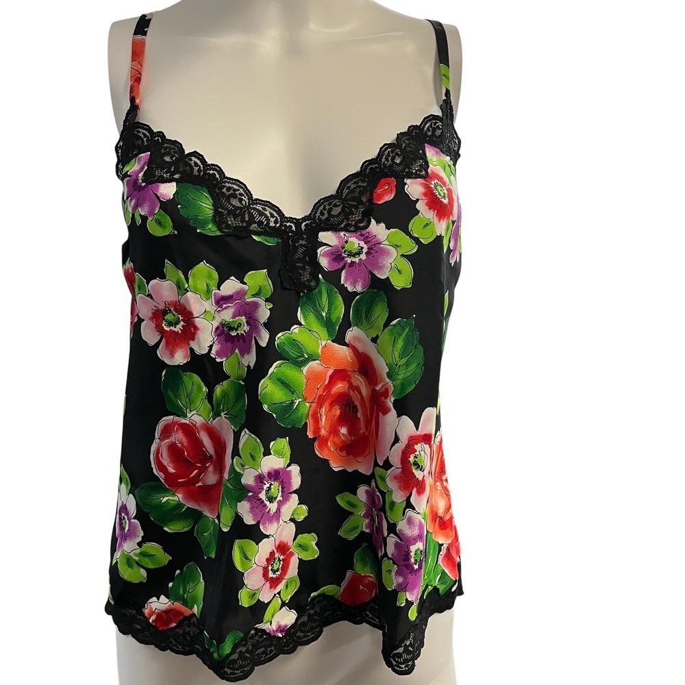 Victoria Secret Y2K Tank Top Cami Black Satin Floral Lace Trim L Fairy Event